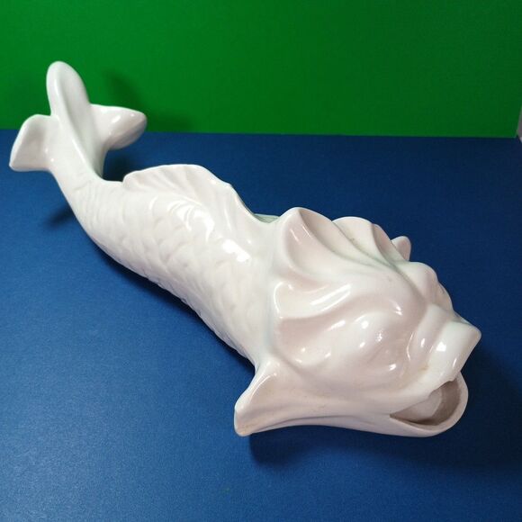 White Ceramic Koi Fish Planter Vase Asian Coastal Decor MCM Style 10" - Picture 1 of 12